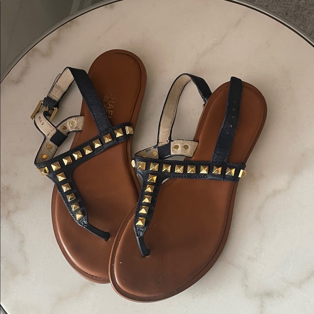 Michael Kors Blue Leather T-Strap Sandals with Gold Studs